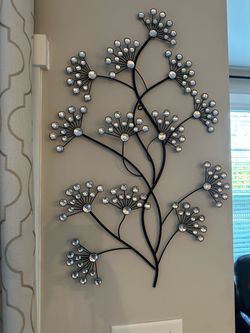 Metal Floral Wall Art with Crystal Accents