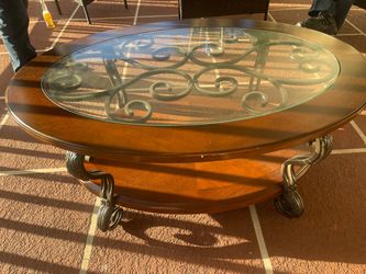 Oval Wood and Glass Coffee Table