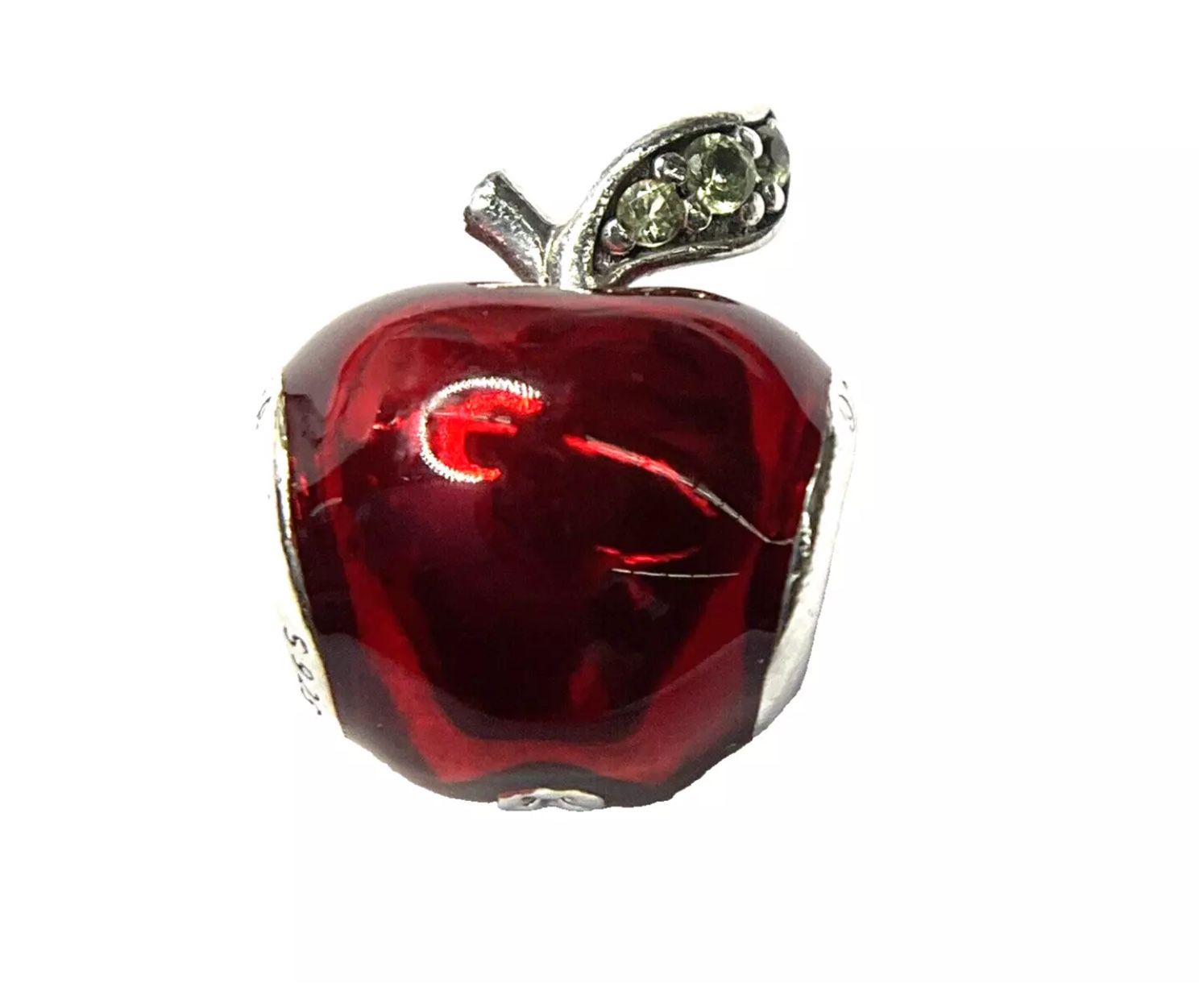 Authentic Pandora Snow White Red Apple w/ Green Stone Leaf Charm 925 ALE Disney