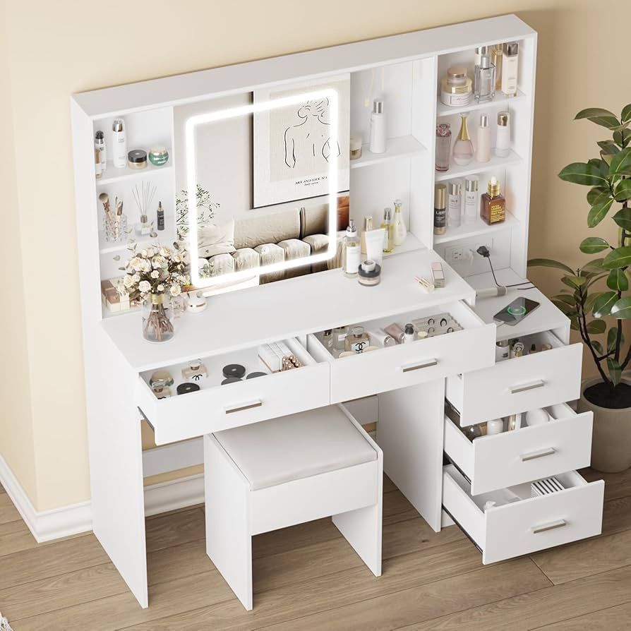 Fameill Vanity Desk with Mirror and Lights, Makeup Vanity with 5 Drawers, Makeup Desk with Charging Station and Ample Storage, Dressing Table with Cha