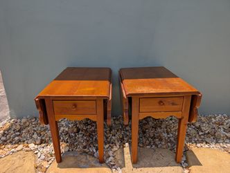 Broyhill Farmhouse Dropleaf End Tables-Rustic Solid Pine Single Drawer Large Side Tables