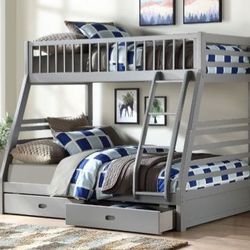 Brand New Gray Twin Over Full Size Bunk Bed With Drawers 