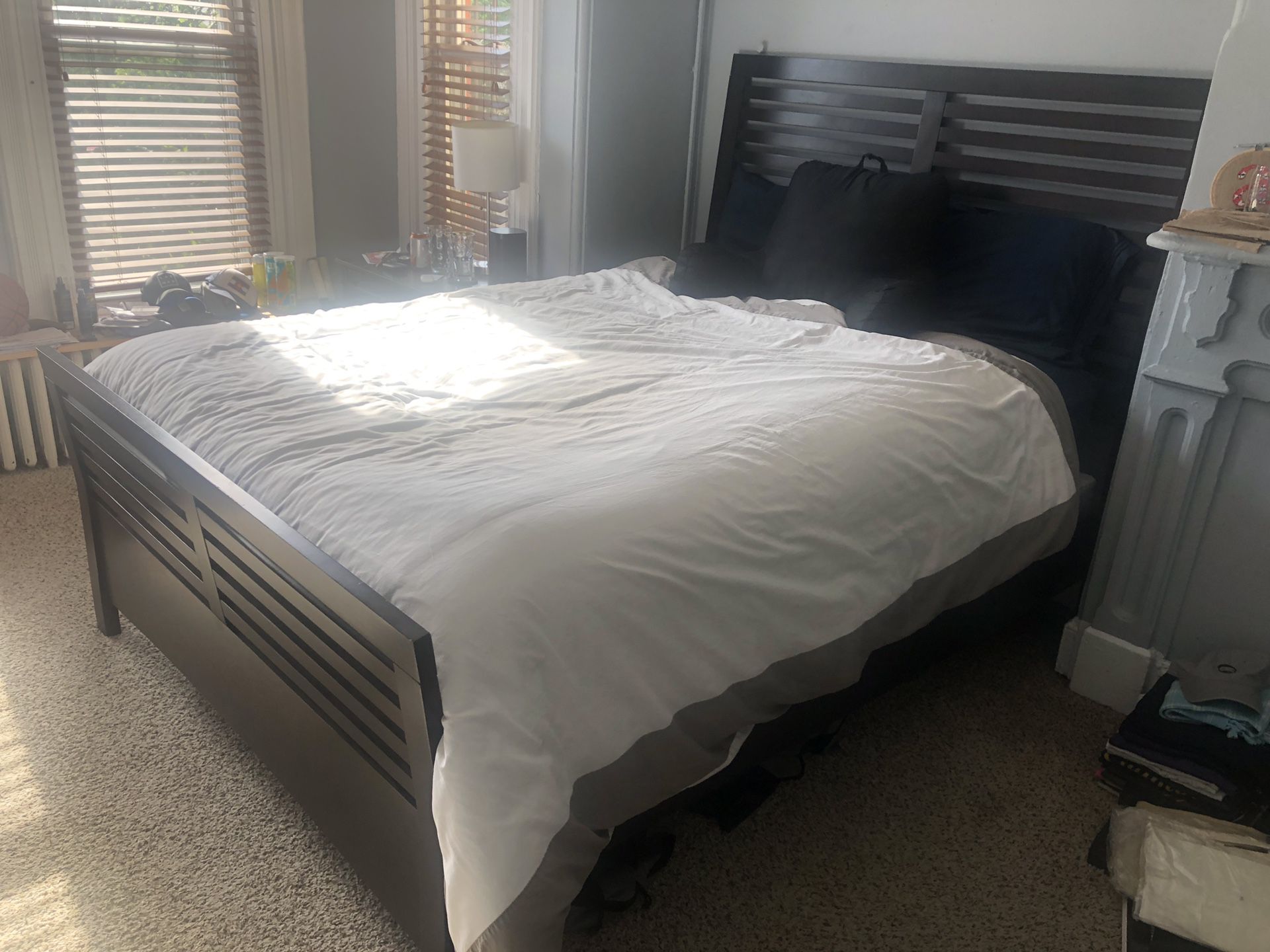 Queen bed frame, box spring, and mattress