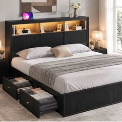 Black King Bed Frame with Storage and LED Headboard