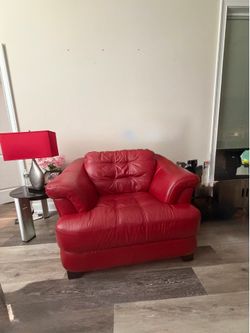 Red leather sofa, chair & ottoman