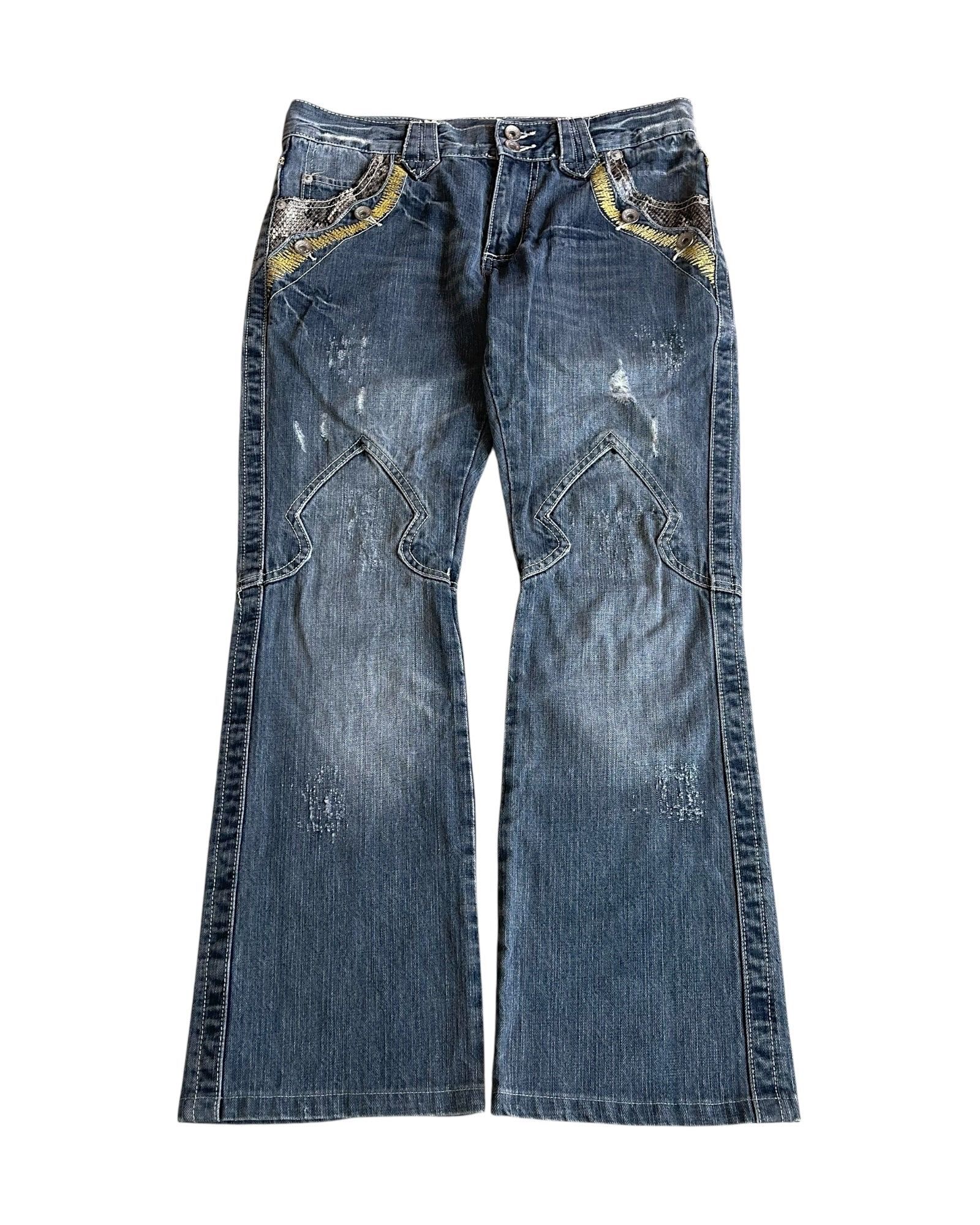 Semantic Design Python Pocket Sword Flare Distressed Denim Jeans Size L 30-32 Waist
