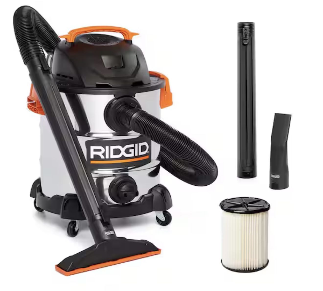 RIDGID 10 Gal. 6.0 Peak HP Stainless Steel Shop Vacuum Wet Dry Vac with Filter, Locking Hose and Accessory Attachments WD1060