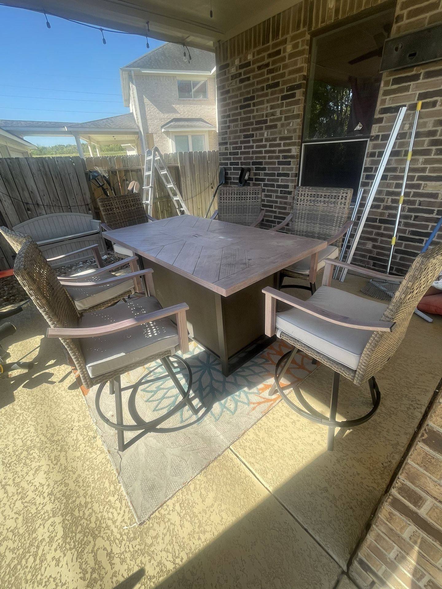7-Piece Patio Dining Set w/ Swivel Chairs & Fire Pit 