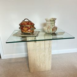 Vintage Travertine & Glass End Table 