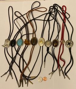 Vintage Lot of 10 Metal Bolo Ties, Nice Designs, Cowboy Boots, Black Onyx, Horse, More, Quality, Heavy Duty, Made in USA, Country & Western, Cowboy, W