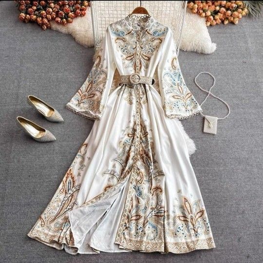 Chinese Vintage Lady Floral Printed High Waist Dress With Belt - Size: M - White