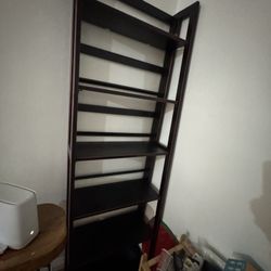  Ladder Bookshelf / Leaning Shelf – Dark Wood w/ Red Accent