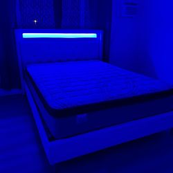 Queen Size bed frame with led lights & mattress including.     Cama Queen Size con Luz led Colchon incluido