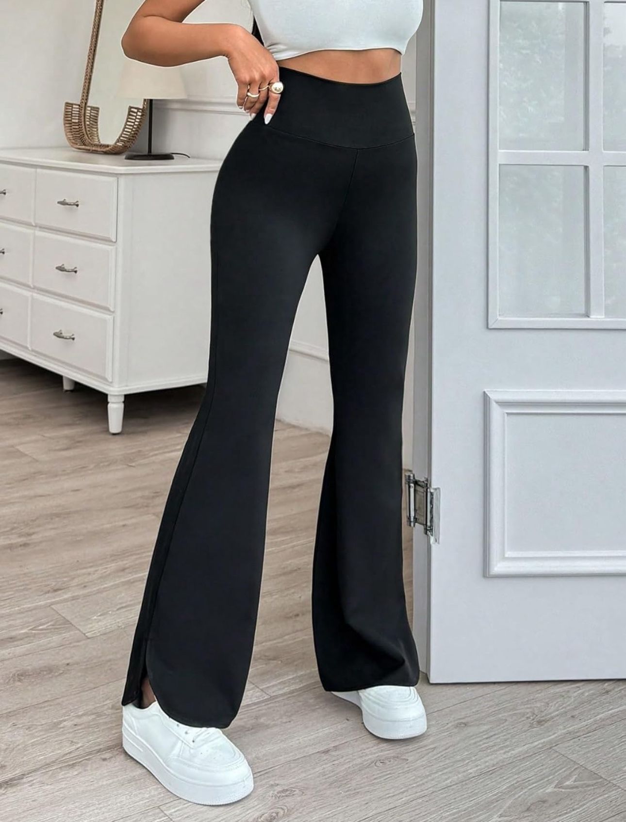 Solid Color High Waist Flared Long Pants with Split Leg Detail