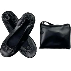 New Women’s Size 7.5 Black Foldable Ballet Flats with Carry Pouch for Travel