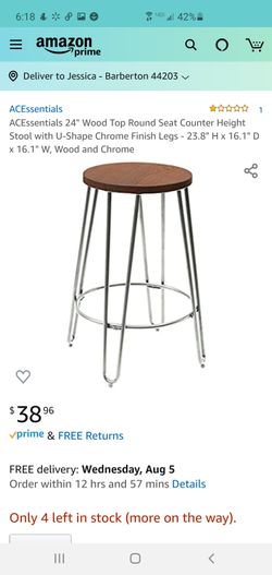 ACEssentials 24" Wood Top Round Seat Counter Height Stool with U-Shape Chrome Finish Legs - 23.8" H x 16.1" D x 16.1" W, Wood and Chrome