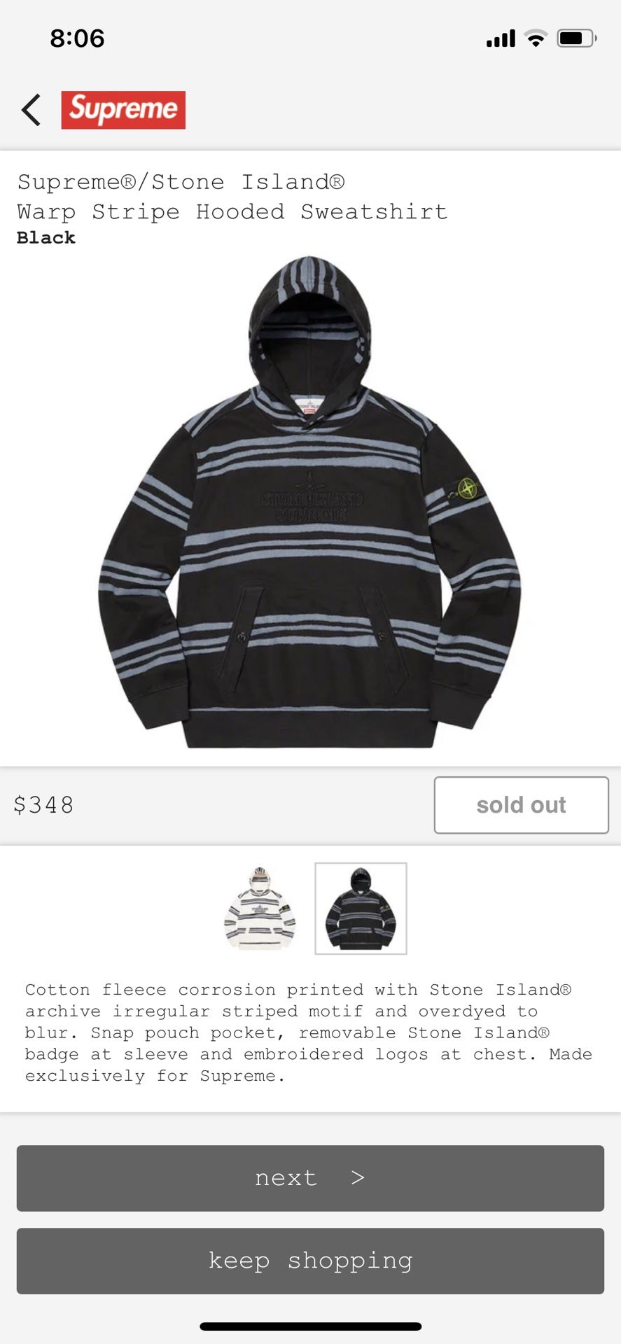 Supreme Stone Island Warp Stripe Hooded Sweatshirt Black Size