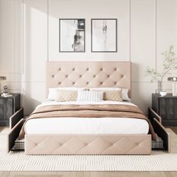 Queen Size Platform Bed Frame with Diamond-stitched Headboard and 4 Drawers, Beige
