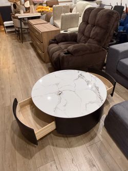 33.47" Modern Round Marble Round Storage Coffee Table, White Sintered Stone Drum Storage Center Table for Living Room/Farmhouse/Office/Fully Assembled