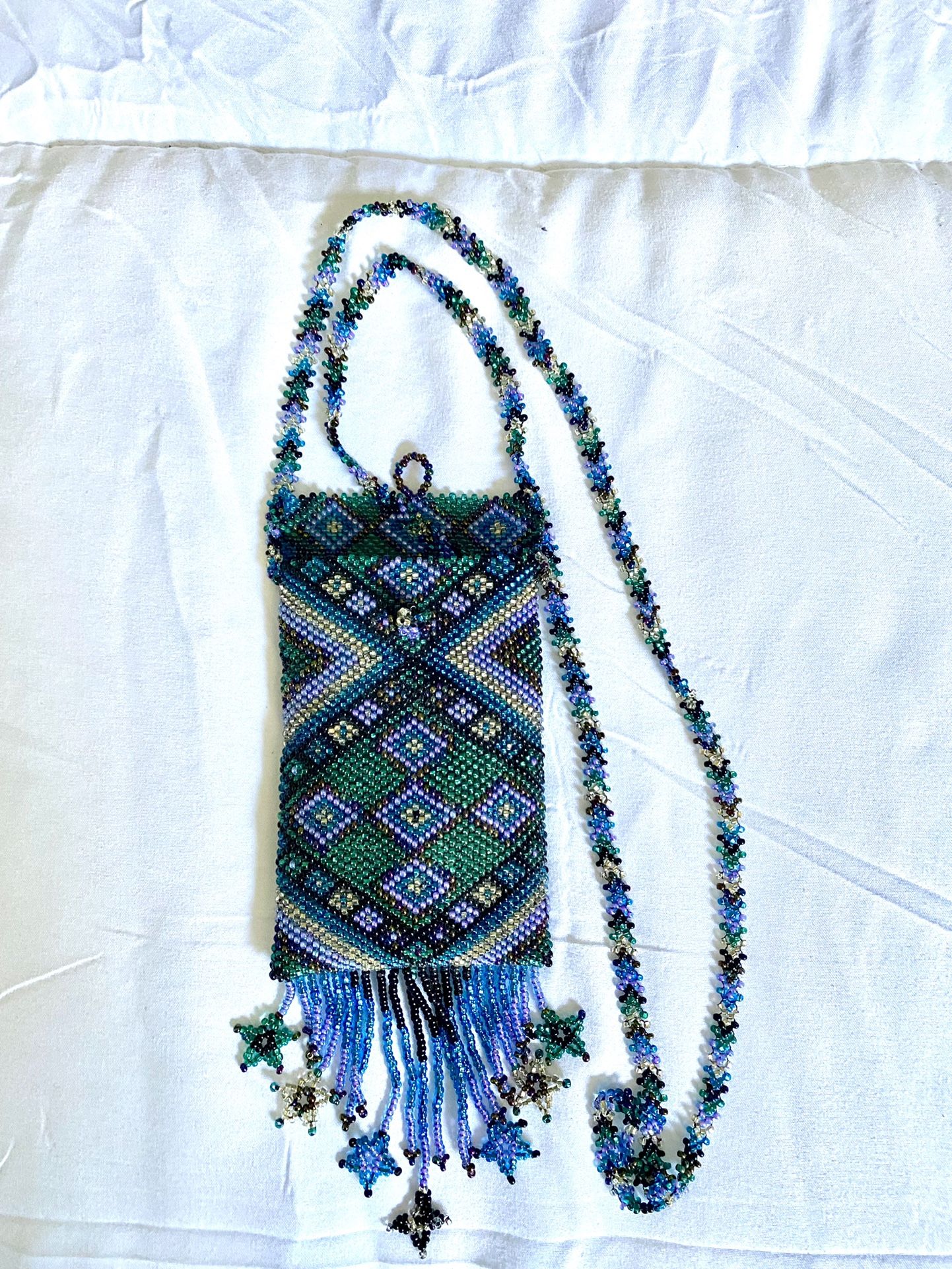 Beaded Crossbody Small Bag With Bead Fringe And Beaded Strap