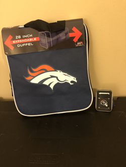 Denver Broncos duffle bag and butane lighter