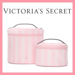 NWT Victoria's Secret Duo Makeup Bag Signature Stripe Cosmetic Case Pink Stripes Set