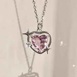 BRAND NEW IN PACKAGE LADIES GIRLS PINK CRYSTAL CUBIC ZIRCONIA LOVE HEART PENDANT STERLING SILVER 17" NECKLACE W/EXTENDER