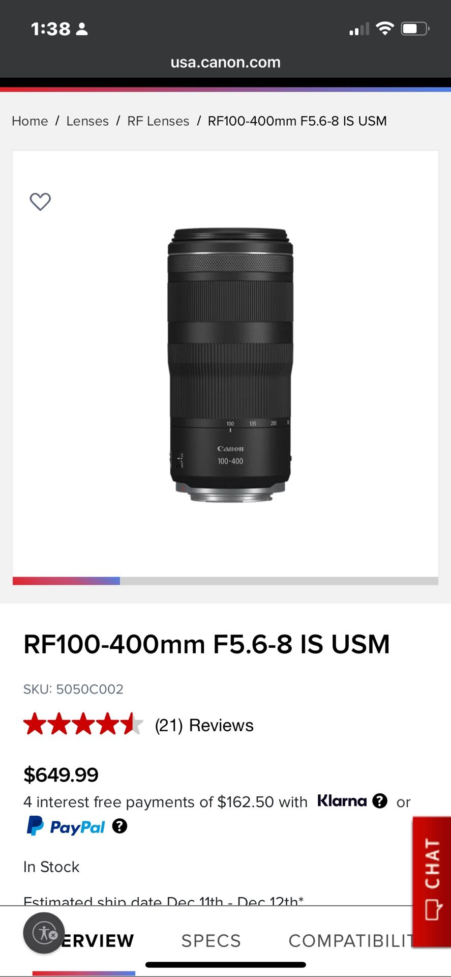 Canon lens RF 100-400mm F5.6-8