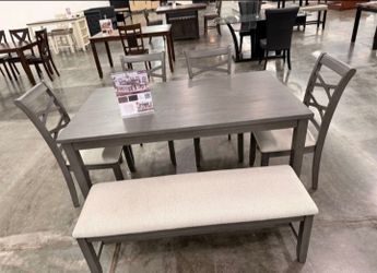 6-pc dining table set with bench grey finish