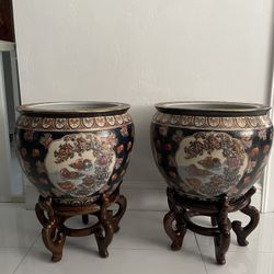 2 ORIENTAL COY FISH PORCELAIN PLANT POTS