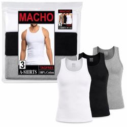 MACHO Men’s A-Shirts Tank Tops, 3-Pack, 100% Cotton, Tag-Free Ribbed Undershirts, Assorted Colors