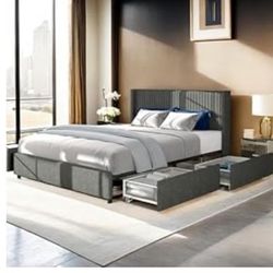 Queen Bed Frame With Storage Drawers And Headboard  
