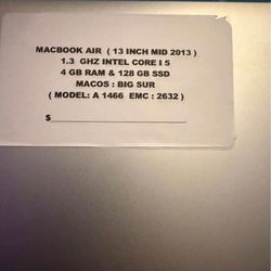 Apple MacBook Air ( 13 inch Mid 2013 ) 1.3 GHz Intel core i5 4 gb ram & 128 gb ssd