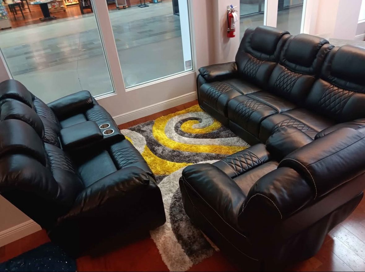 Black Friday sale now. Santiago, black leather reclining sofa and loveseat set only $1299. Easy finance option. Same day delivery.