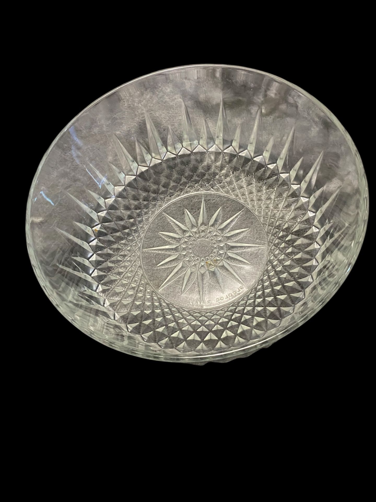 Vintage Arcoroc USA Cut Crystal Glass Large Serving Bowl 9"x4" Diamond Point