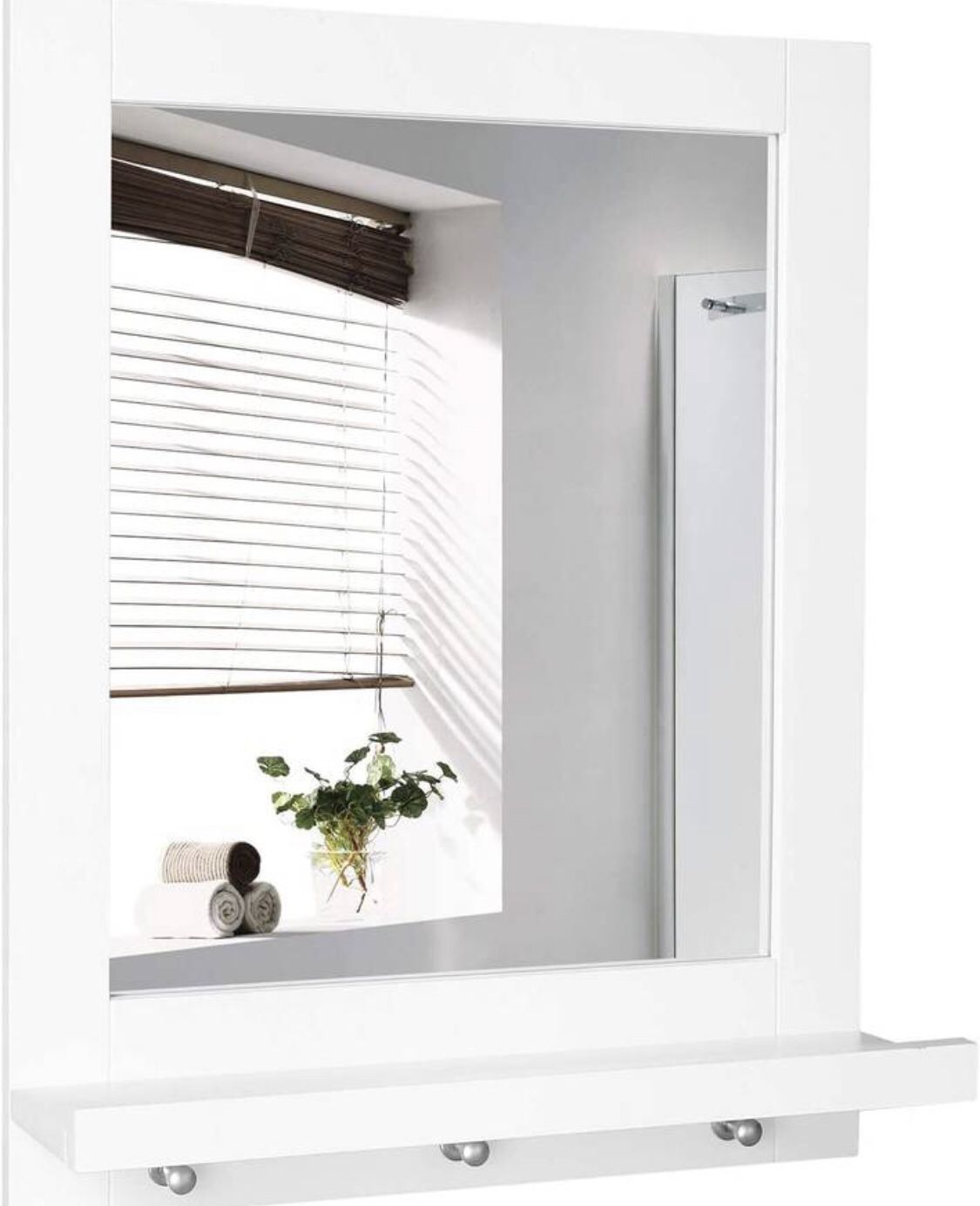 Wall Mirror with Shelf and 3 Hanging Hooks - New - Minor Scratch