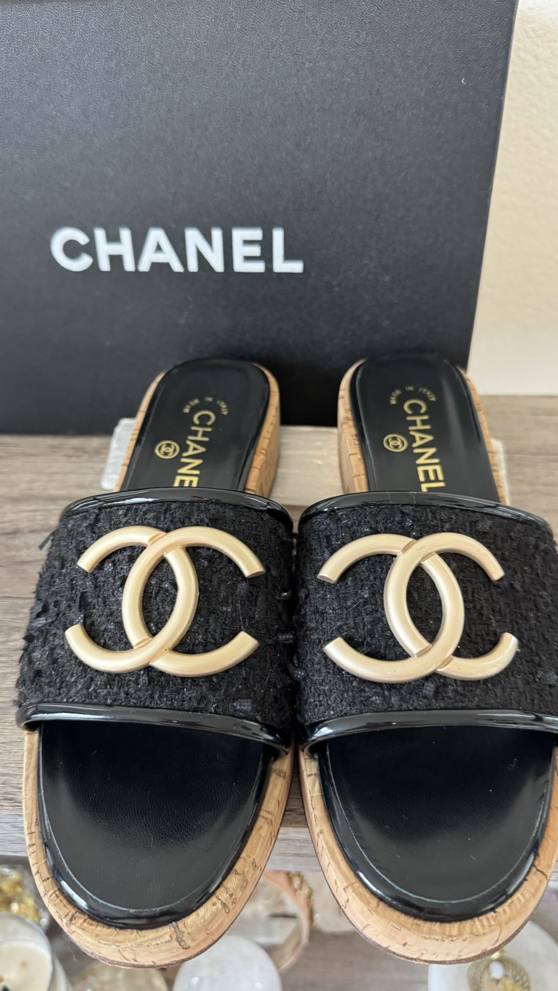π REDUCED Rare Chanel β Tweed & Cork Slides with Box Must Sell