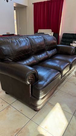Dark Brown Leather Sofa with Nailhead Trim
