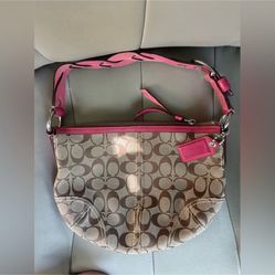 Coach Signature Pink And Beige Hobo Shoulder Bag