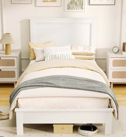 Twin Size Wooden Bed Frame with Headboard and Slat Support