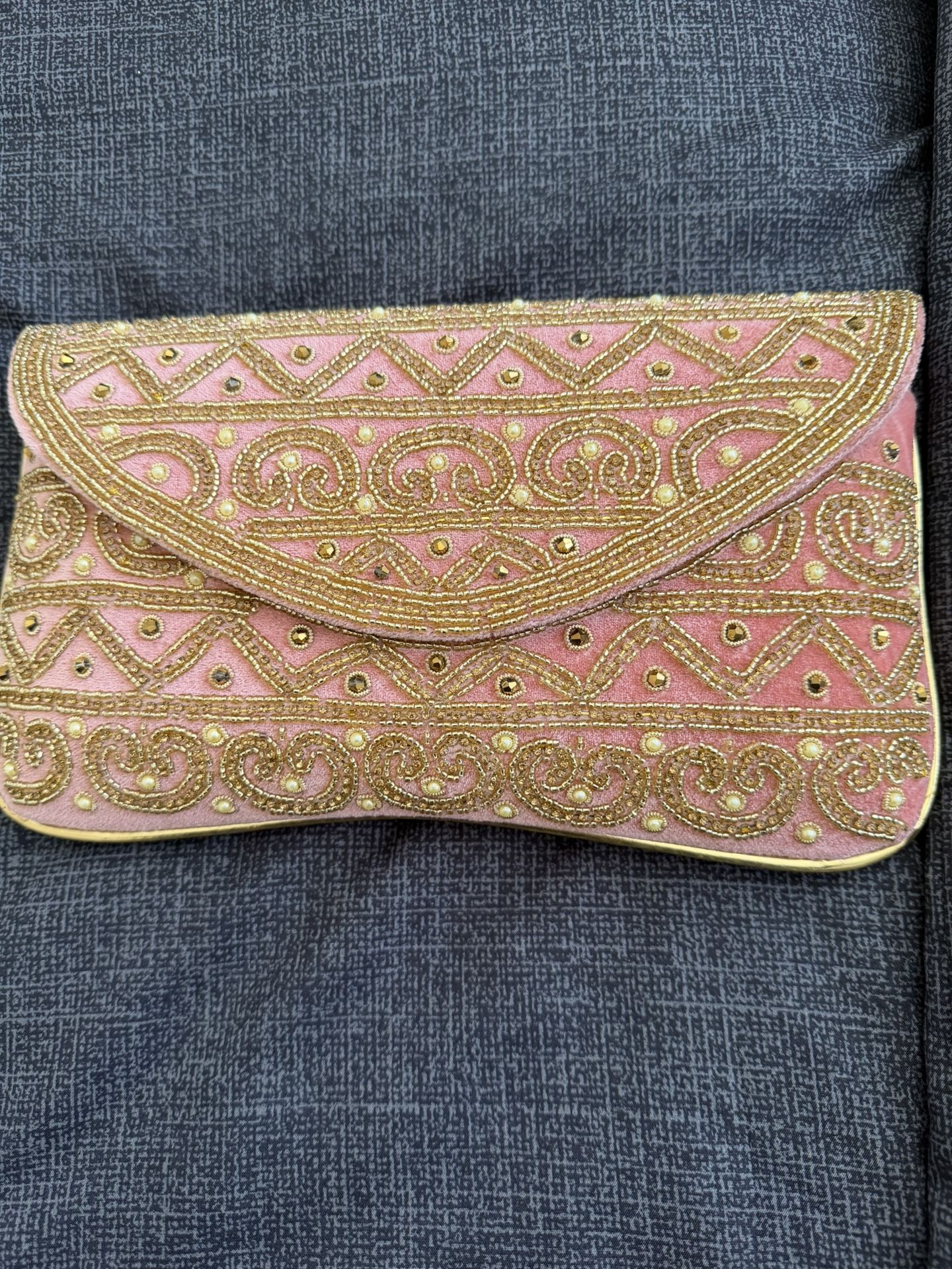 Gold And Peach Embroidered Indian Clutch