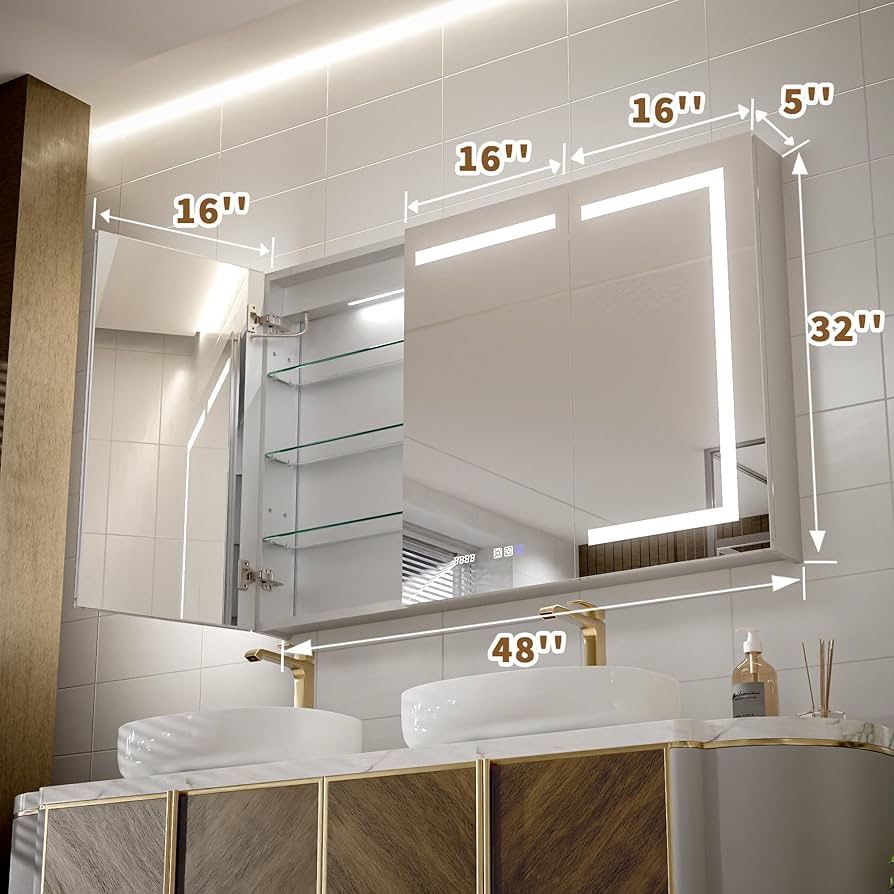 48" W×32" H LED Smart Medicine Cabinet, Bathroom Mirror Cabinet with Lights,Clock & Temperature Display, Dimmable LED Lighting, USB Charging, Defog, S