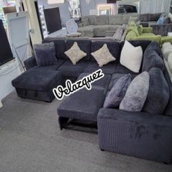 ✅️✅️4 pc Black corduroy fabric sectional sofa with storage chaise and love seat and pop up sleep area in center USB charging✅️✅️