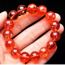 14.2mm Natural Clear Red Dove Feather Crystal Gemstone Round Beads Bracelet AAA