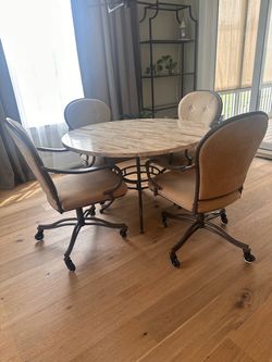 Round Marble Dining Table + 4 Upholstered Caster Chairs