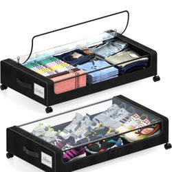 Under Bed Storage with Wheels, 2 Pack Under Bed Storage Containers with Dividers & Clear Lids, XXL 65L Under the bed storage Organizer Bins, Underbed 