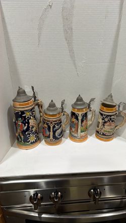 German Ceramic Beer Steins with Pewter Lids