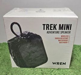 New Wren Trek Mini Adventure Speaker. Speaker is wireless, shock-resistant, waterproof, and dustproof with IP67 rating. Color is black camo. Size is 3