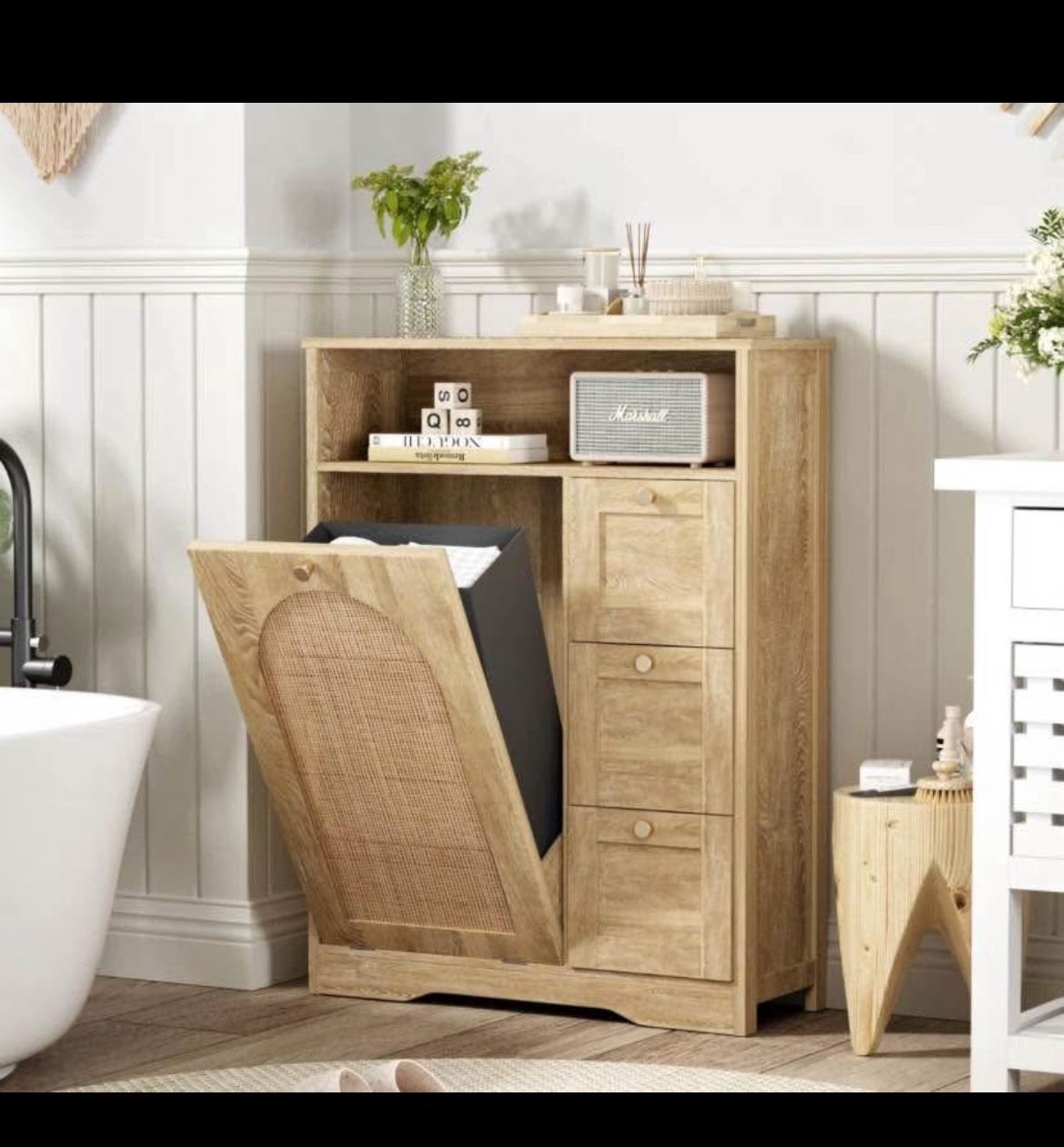 Natural Rattan Storage Cabinet With 3 Drawers with Hamper