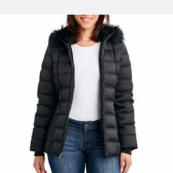 Nautica Women's Zip Off Hood Faux Fur Trim Puffer Jacket, Black Size S